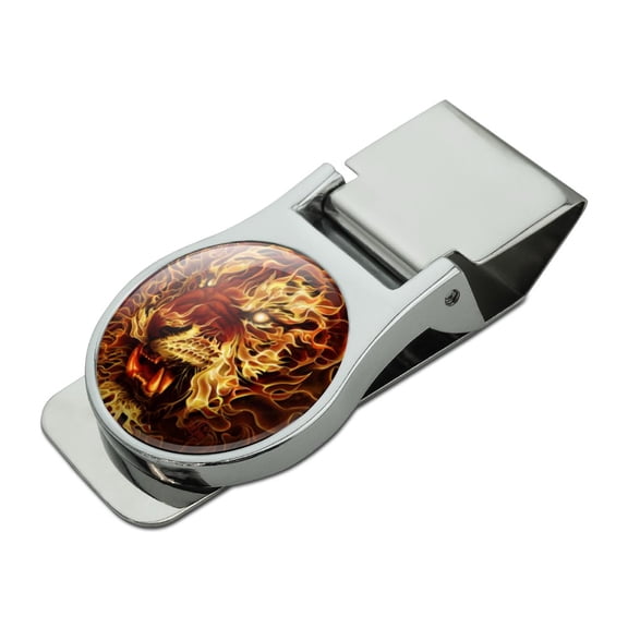 Flaming Fire Tiger Satin Chrome Plated Metal Money Clip