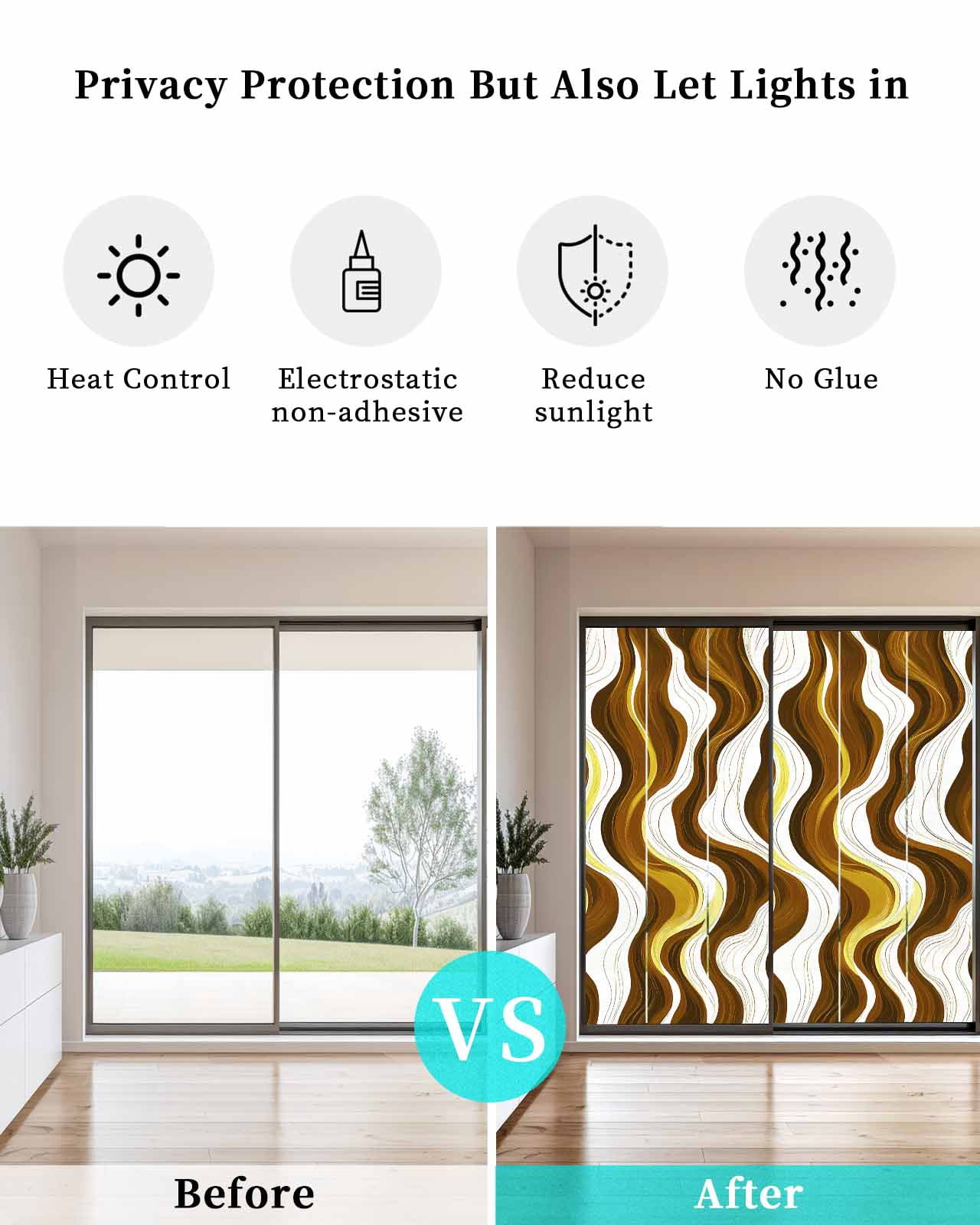 Window Privacy Film Brown Stripe Stained Glass Window Film Decorative Sun Block Window Cover Gold Geometric White Coastal Wave Modern Ocean Window Clings Static Sticker for Bathroom 35.4"x78.7"