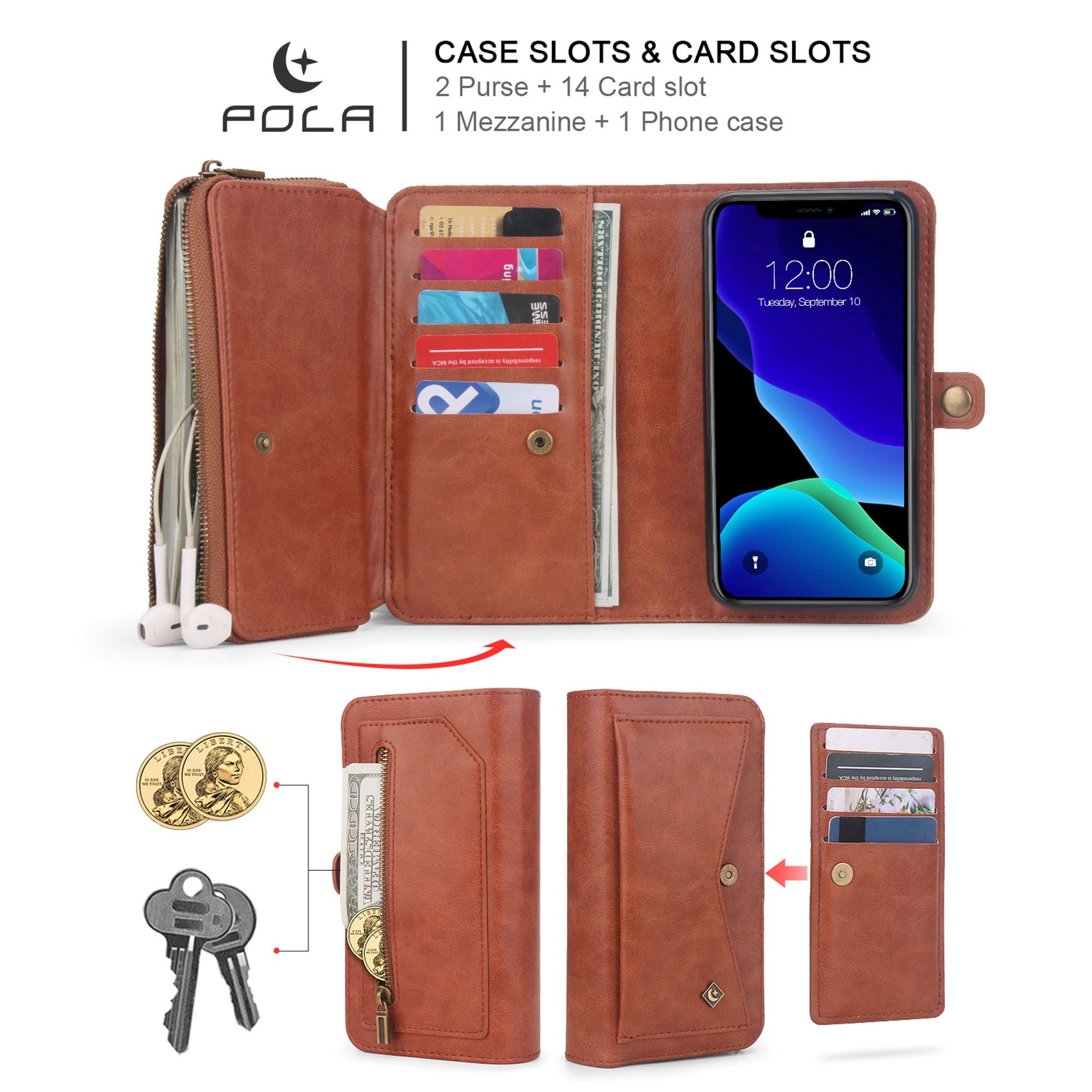 iPhone 11Pro 5.8 inch Wallet Case, Dteck 2 in 1 Leather Zipper Purse Multi-Function Tri-fold Wallet Case Detachable Magnetic Phone Cover with 14 Card Slots Money Pocket For iPhone 11 Pro,Brown - image 5 of 11
