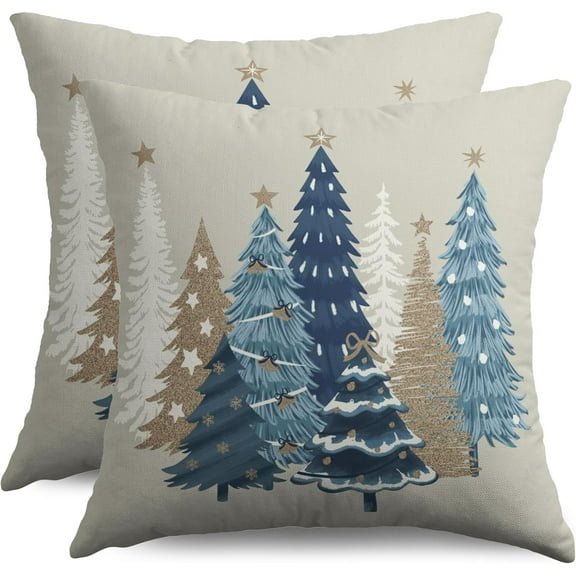 Winter Christmas Pillow Covers 18x18 Inch Set of 2 Brown Blue Xmas Tree Decorative Throw Pillowcases Outdoor Holiday Seasonal Farmhouse Cushion Cases Decor for Sofa Couch Bed