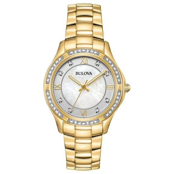 Bulova Women's Gold-Tone Stainless Steel Mother Of Pearl & Crystal Accent Watch - 98L256