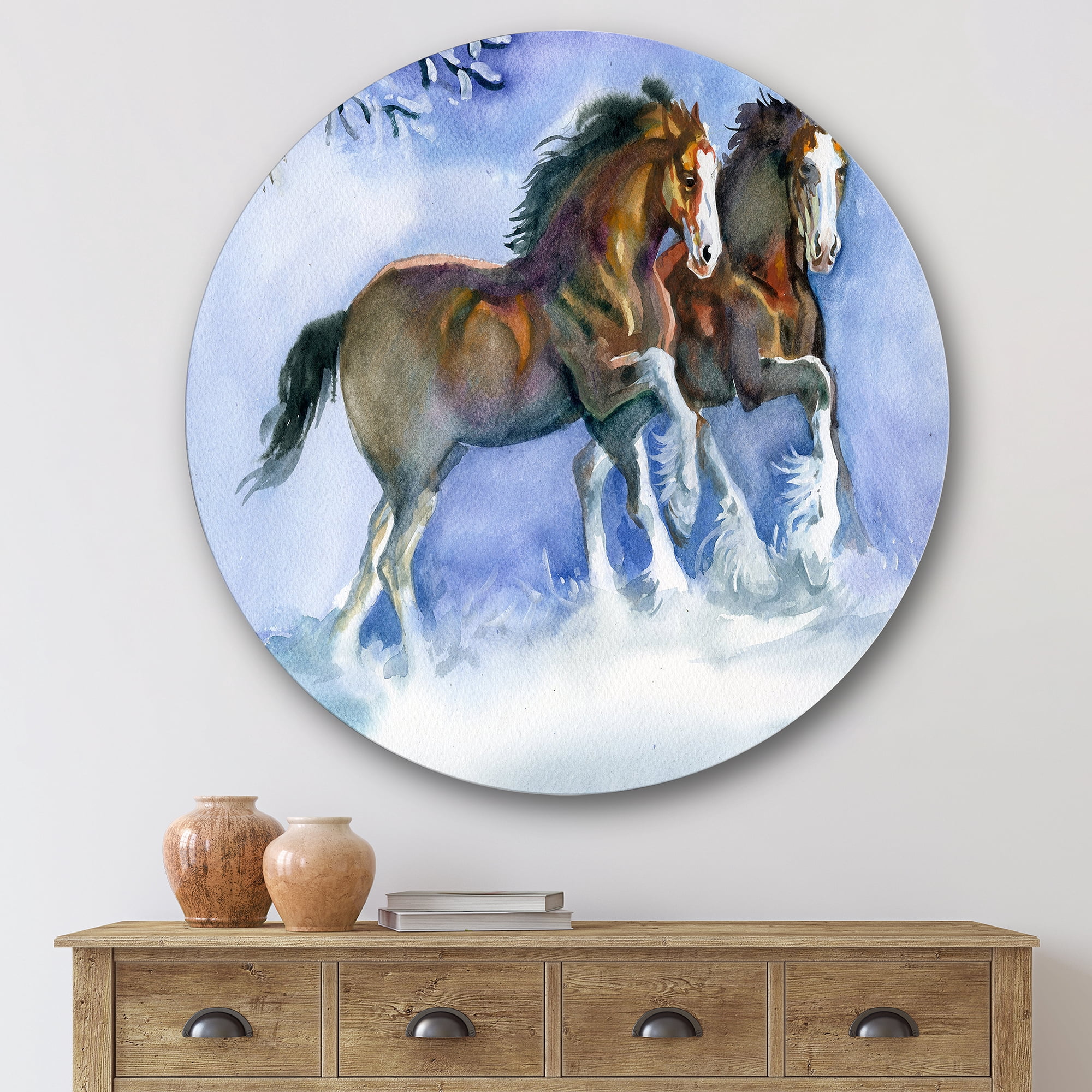 Designart 'Horses Running In Winter On Blue' Farmhouse Circle Metal Wall Art 36x36 - Disc of 36