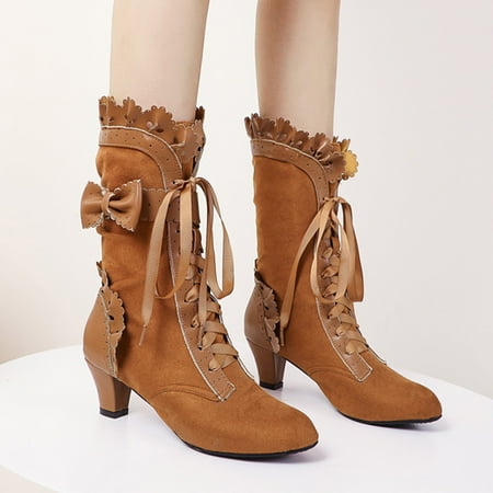 

VEKDONE Christmas Deals Women Shoes Western Fashion Bandage Riding Boots Casual Warm Pointed Toe High Heels Bowknot Retro Middle Tube Boots