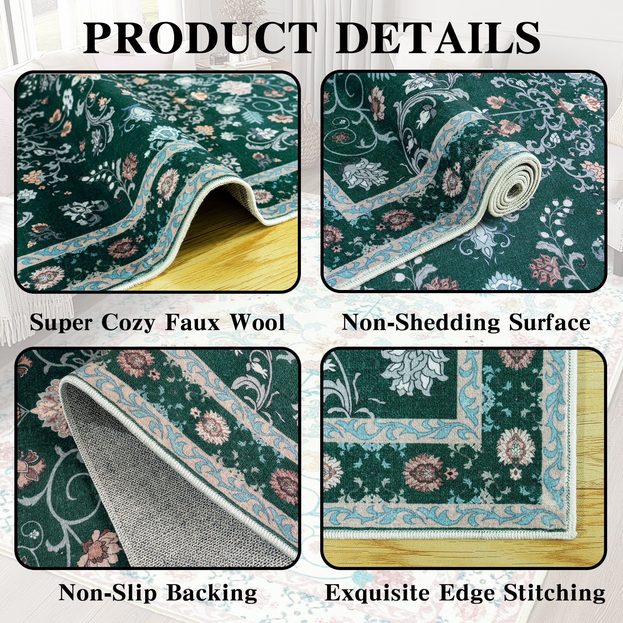 ZENELESS Washable Large Area Rugs for Living Room, 8x10 Non-slip Carpet for Dining Room,Modern Accent Rug for Bedroom, Dark Green