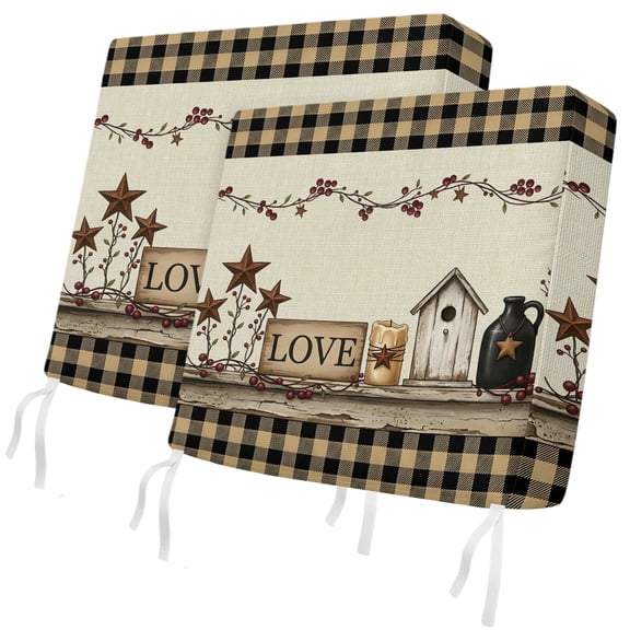 Outdoor Patio Cushion Covers 2 Pack Farmhouse Red Star Candle Chair Pads Slipcovers with Ties & Zipper Waterproof Berry Vines Beige Plaid Linen Seat Cushion Covers for Outdoor Couch Sofa 22x20 Inch