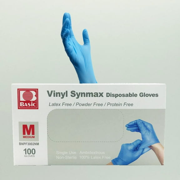 Basic Synmax Vinyl Exam Gloves, 100/Box - Medium - Latex Free, Powder Free - Nonsterile - Blue