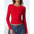 thumbnail image 4 of Women'S Crewneck Long Sleeve Shirt Double Lined Basic Tees Side Ruched Going Out Crop Tops Red XS, 4 of 10