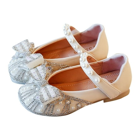 LIZENG Kids Girls Princess Shoes Spring/Autumn Solid Short Heel Pearl Bow Soft Sole Leather Shoes Party Birthday School for Toddler Kids Children