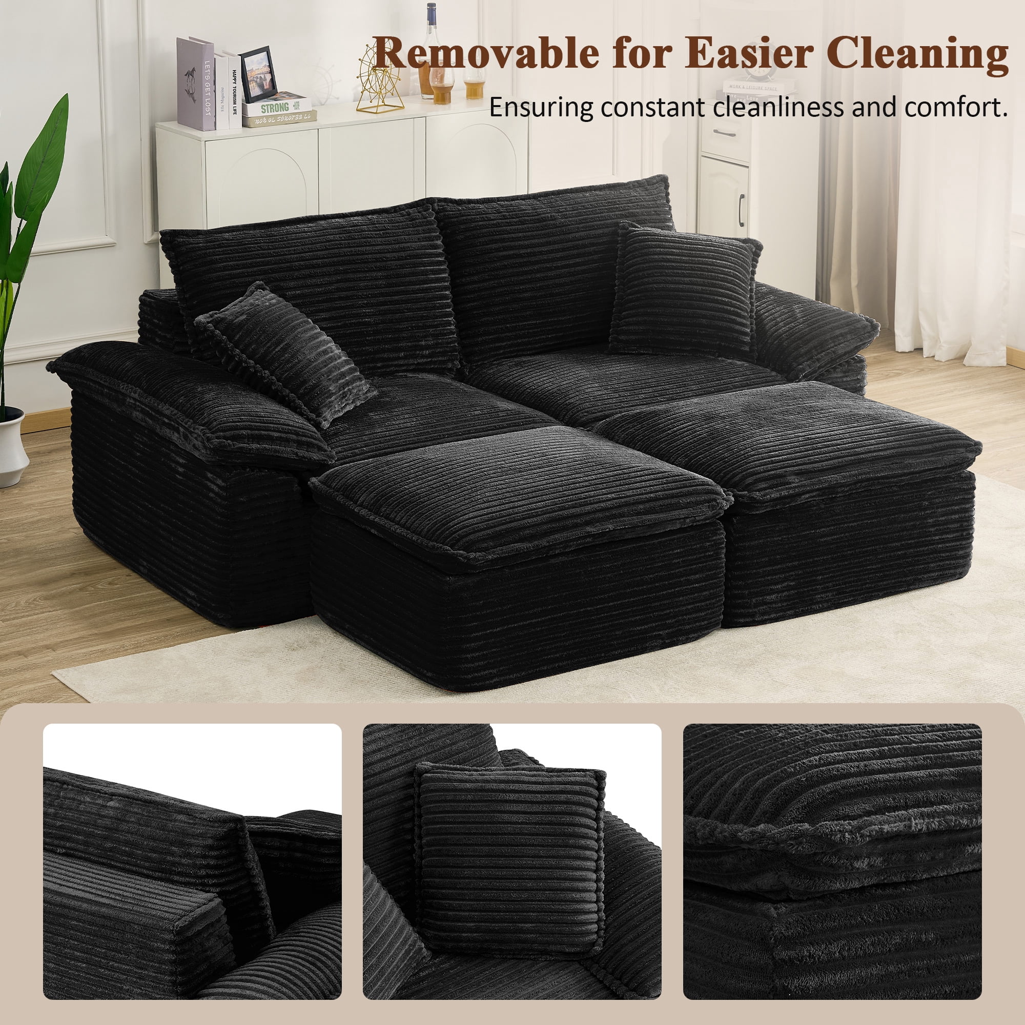 Leumius 81" Convertible Sectional Sofa, Oversized Corduroy Cloud Couch with 2 Movable Ottoman, Comfy Boneless Couch Bed for Living Room Apartment Office, No Assembly,Black