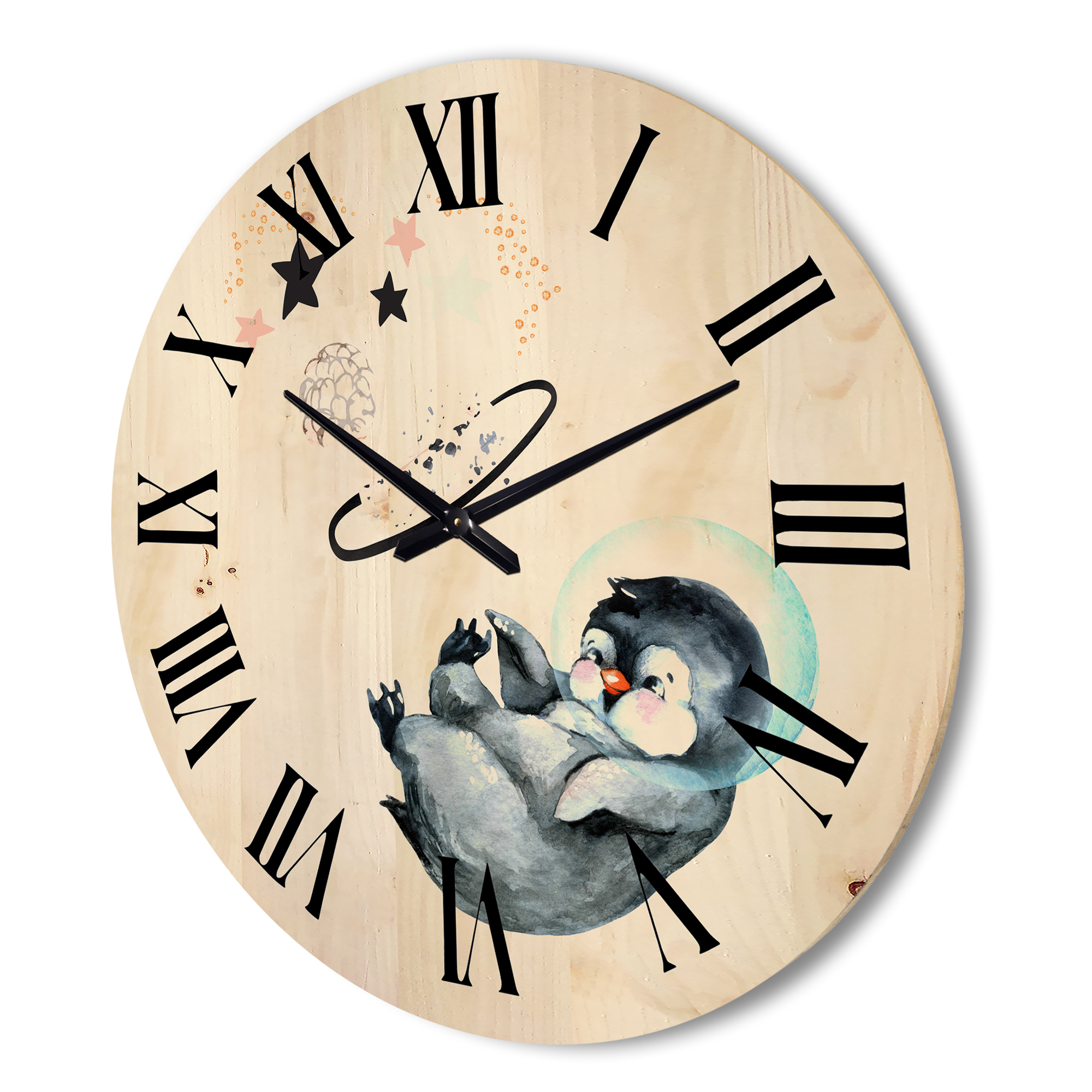 Designart 'Little Penguin With Planets and Stars I' Farmhouse Wood Wall Clock