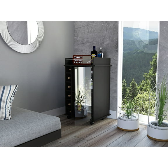 Cterwk Bar Cart with 2 Shelves and 6 Wine Rack and 4 Wheels, Black