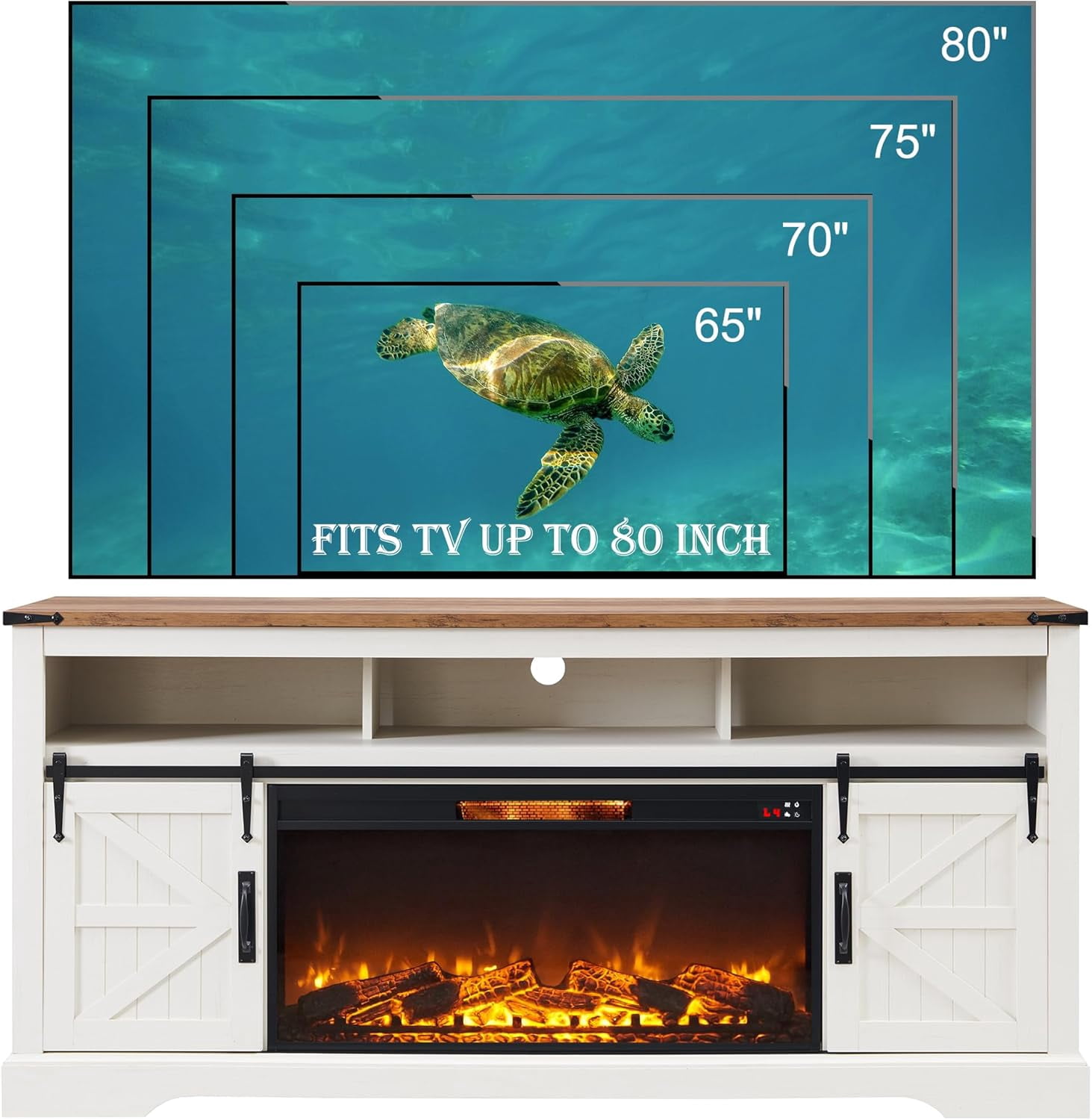 OKD Farmhouse Fireplace TV Stand for 80" TV, Highboy Entertainment Center with 36" Electric Fireplace, Media Console with Sliding Barn Door for Living Room, Antique White