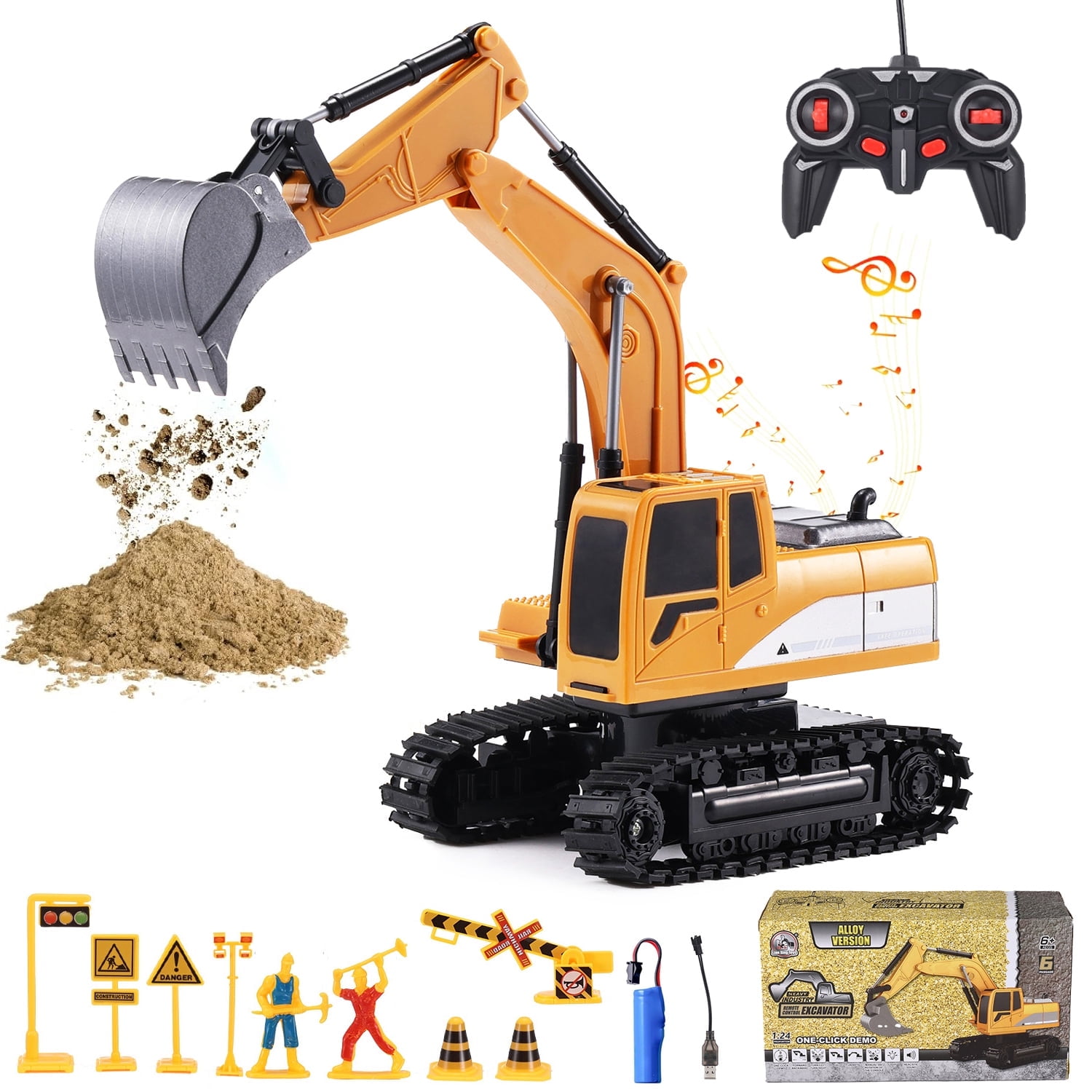 Zacro Remote Control Excavator for Kids, 2.4Ghz 6 Channel RC Construction Vehicle Toy with Metal Shovel, Lights & Sounds, Rechargeable Digger Truck Gift for Toddler Boys Age 3 4 5 6 7 8 Year Old