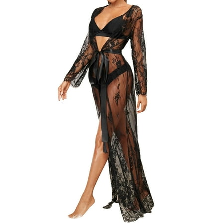

Underwear Women High Waist Seductive Simple Black Long Sleeved Lace Long Skirt Jumpsuit Lingerie