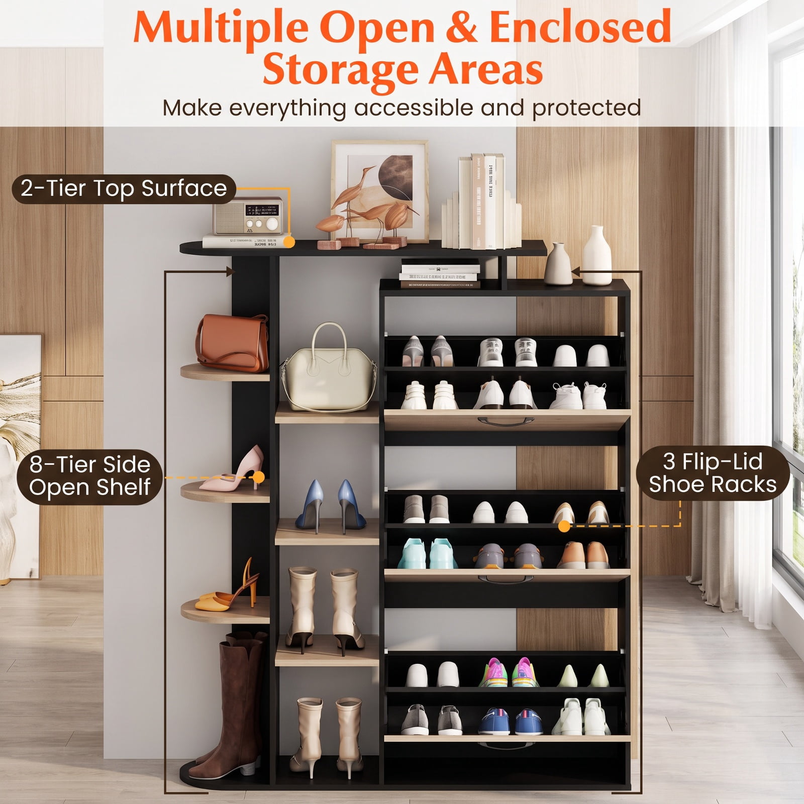 Furnibear Tall Shoe Cabinet with Open Shelves and 3 Flip Drawers Modern Freestanding Shoe Storage Organizer for Entryway Hallway, Black