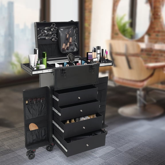 Professional Makeup Train Case with 6* Universal Wheels, Large Storage Cosmetic Trolley Makeup Artist Cosmetic Train Case Hairstylist Travel Case, Portable Make Up Station for Hair Barbers Stylists