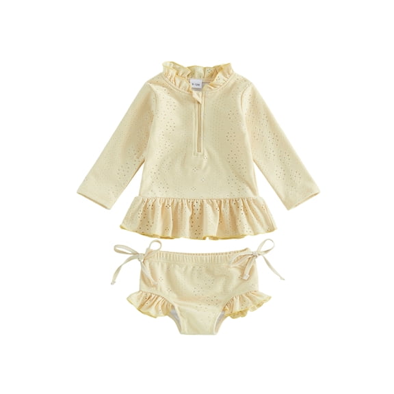 BemeyourBBs Toddler Baby Girl 2 Piece Swimsuit Set Infant Girls Bathing Suit Long Sleeve Rash Guard Swimwear Frill Mock Neck Eyelet Hollow Out Zipper Swiming Tops Bottoms Bikini Set Summer Beachwear