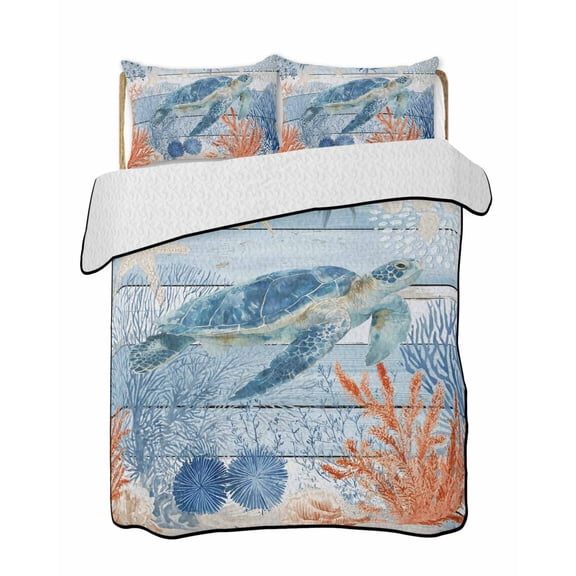 Quilts Queen Size Bedding Set, Sea Turtle Coastal Lightweight Quilted Comforter, Summer Beach Coral Nautical Blue Wood Soft Reversible Bedspread Coverlet with Pillow Covers for All Season, 90" x 96"