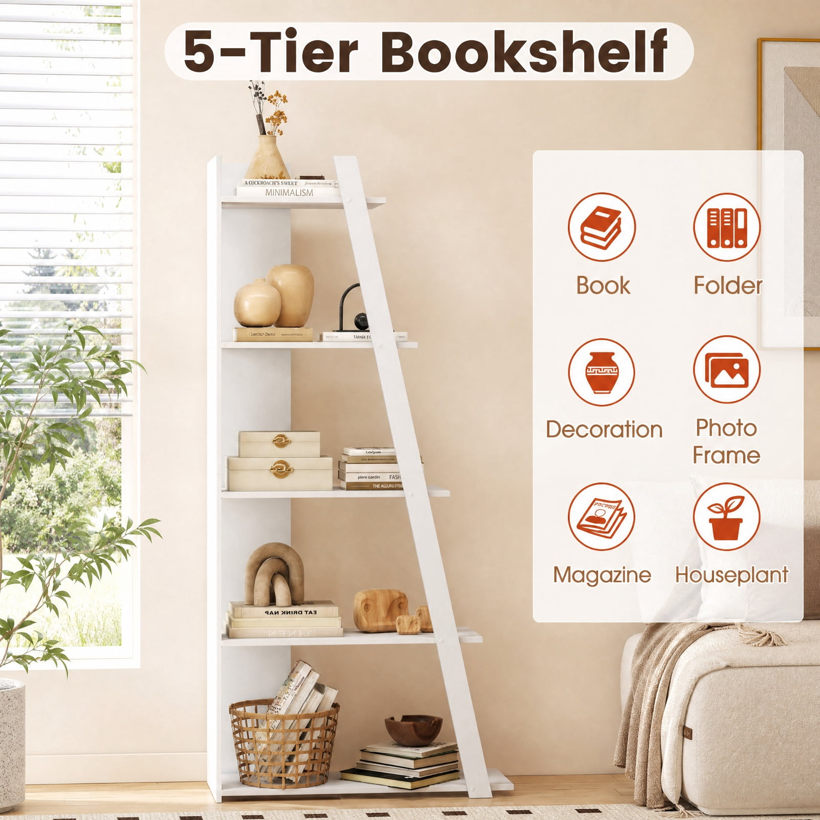 Furnibear 5-Tier Modern Bookshelf Narrow Vertical Display Shelf for Small Space for Living Room Home Office Bedroom Display Storage Shelf, White