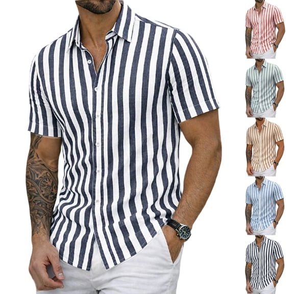 Qwertyu Men's Linen Shirts Short Sleeve Striped Casual Shirts Button Down Shirt Hawaiian Beach Summer Shirt Red XL