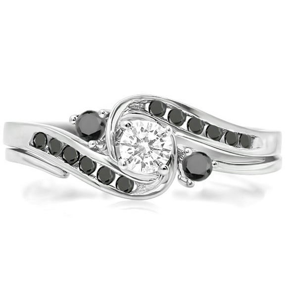 Dazzlingrock Collection 0.50 Carat (ctw) 10k Round Black And White Diamond Ladies Swirl Bridal Engagement Ring Matching Band Set 1/2 CT, White Gold, Size 8