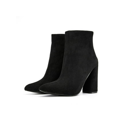 

SIMANLAN Womens Ankle Winter Boots Platform High Block Heel Elasticated Pointy Toe Shoes