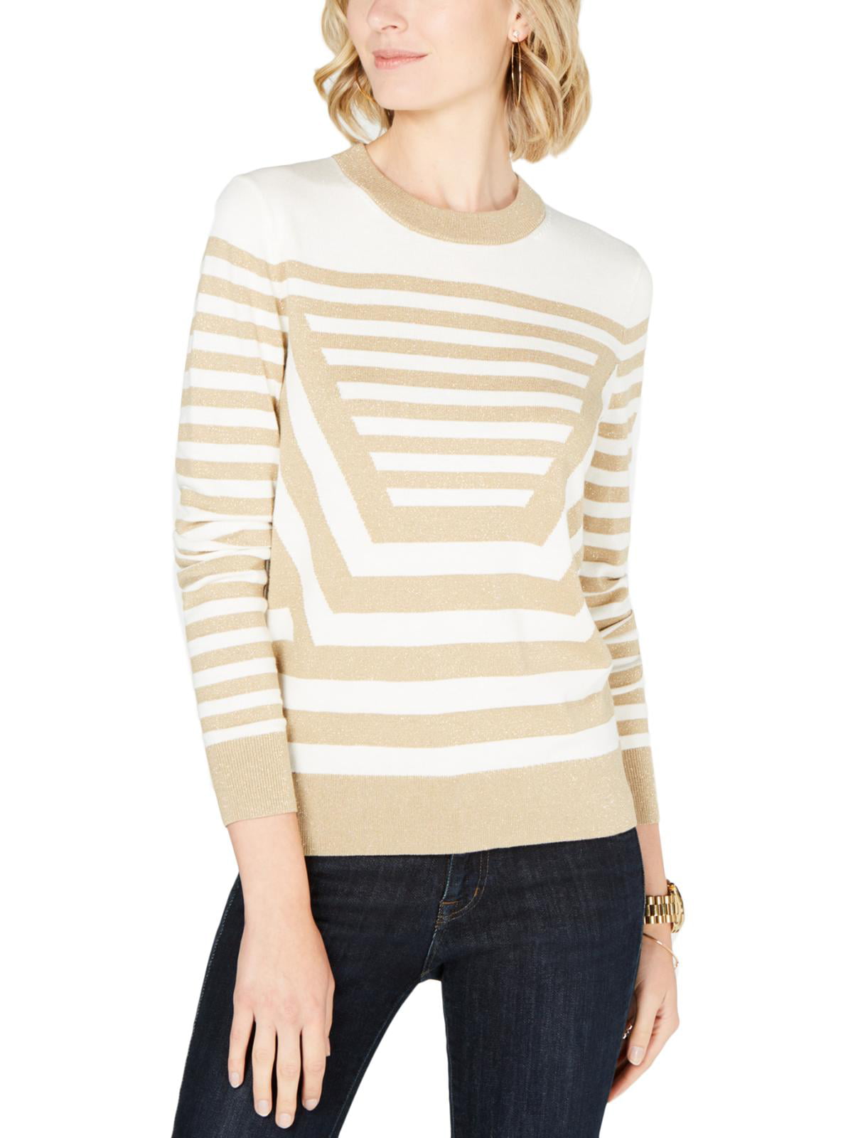 MICHAEL Michael Kors Striped Shimmer Long Sleeve Pullover Sweater Gold Size  XL 