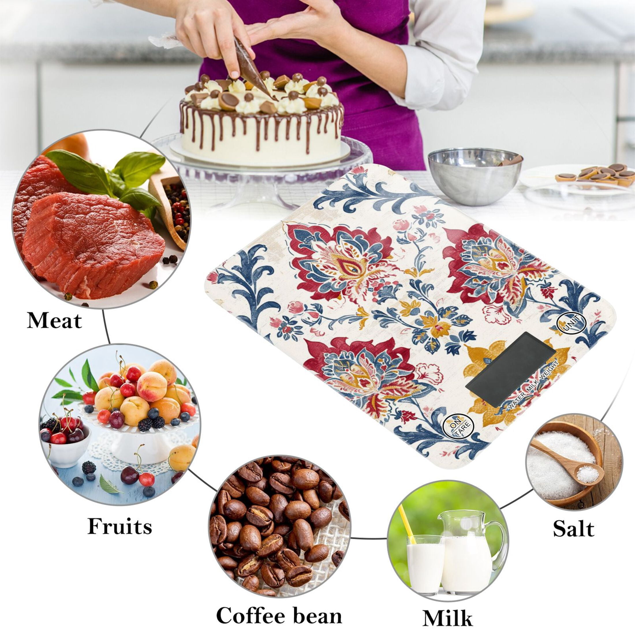 Totem Floral Vintage Food Scale Digital Kitchen Scale Waterproof Tempered Glass Tare Function 11 lb for Baking Cooking Meal Prep