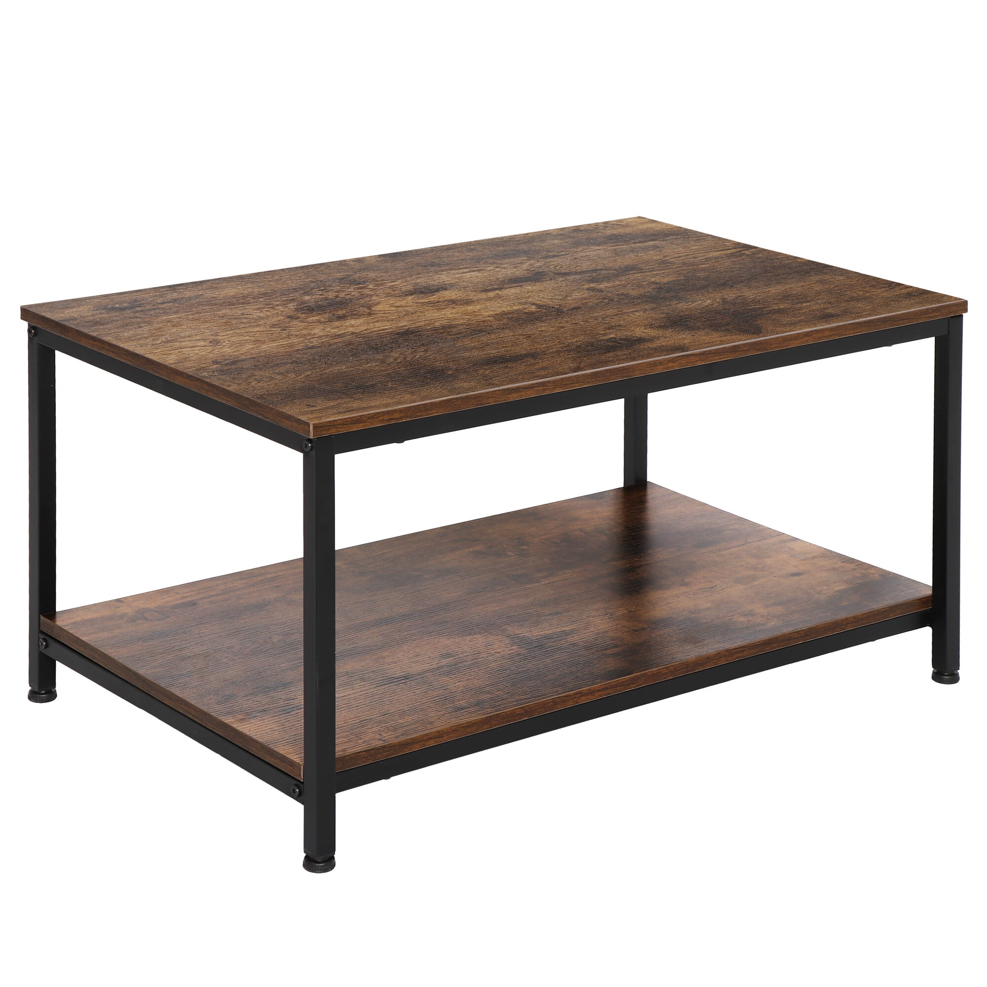 HomGarden 2-Tier Industrial Coffee Table W/Storage Shelf, Rectangular Retro Cocktail Table, Brown