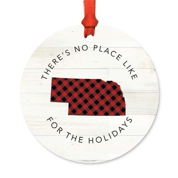 US State Round Metal Christmas Ornament, Red Plaid on Light Rustic Wood, Nebraska, Includes Ribbon and Gift Bag