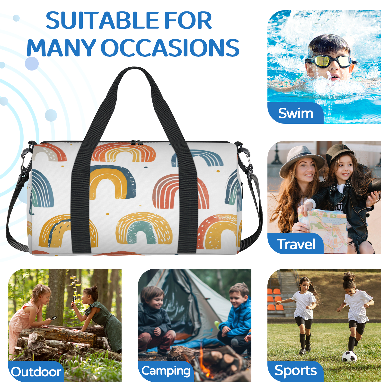 Herdesigns Boho Rainbow Travel Duffle Bag Sports Yoga Weekender Overnight Carry on Workout Bags Lightweight Waterproof Gym Tote Bag for Women