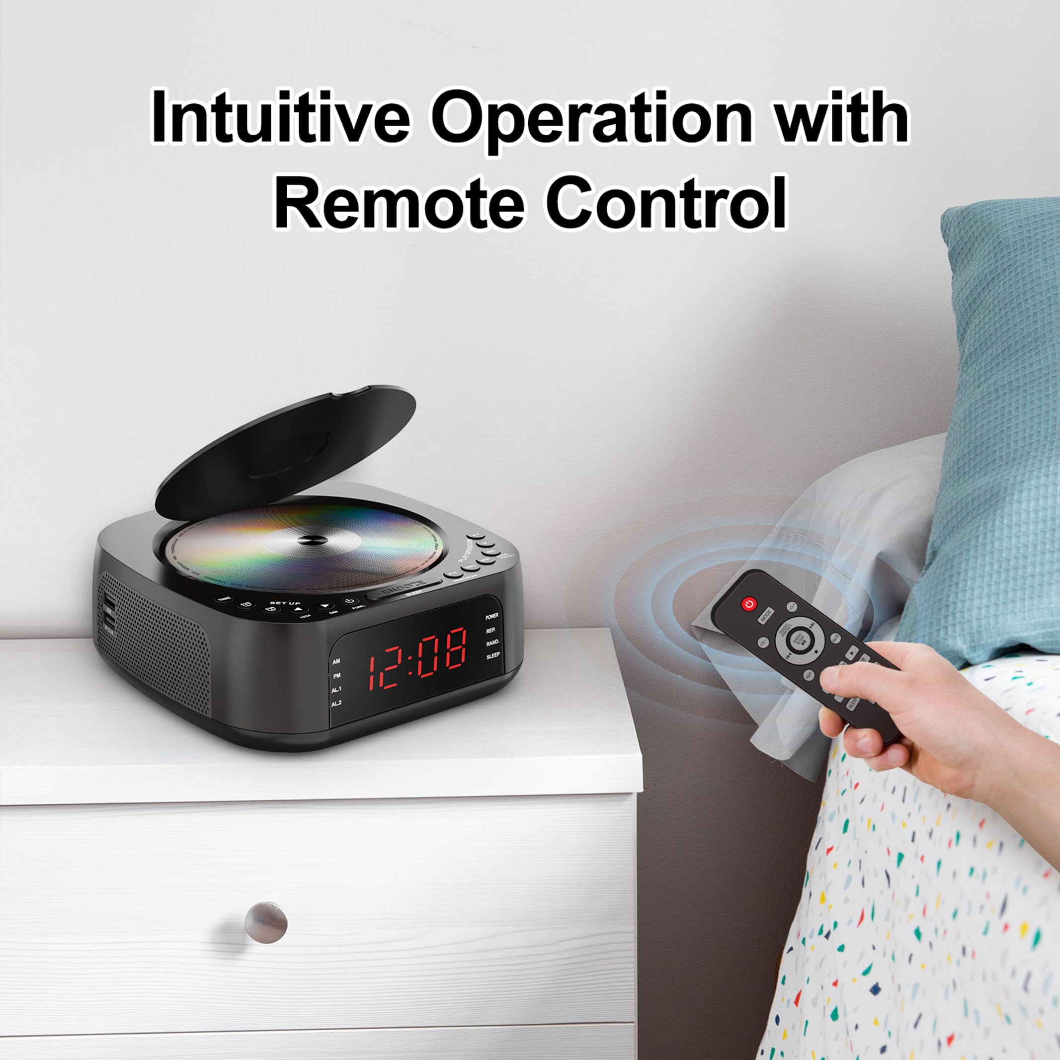 Nidemao CD Player Alarm Clock with Remote Control: Supports CD/MP3 playback, Bluetooth, FM radio, speaker, USB charging, and dimmable display. Suitable for bedrooms – dual alarm clocks, selectable ri