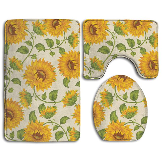 ABPHQTO Girasoles amarillos Juego de alfombras de baño de 3 piezas Alfombra de baño Alfombra de contorno y tapa de inodoro