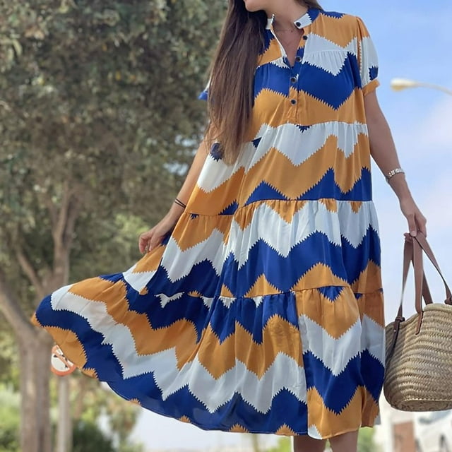 Qiopertar Robe d'Été Mode Femme Col Rond Manches Courtes Boutonnée Ample Grandes Économies de Vacances! Moins de 5$ jusqu'à 90 % de Réduction
