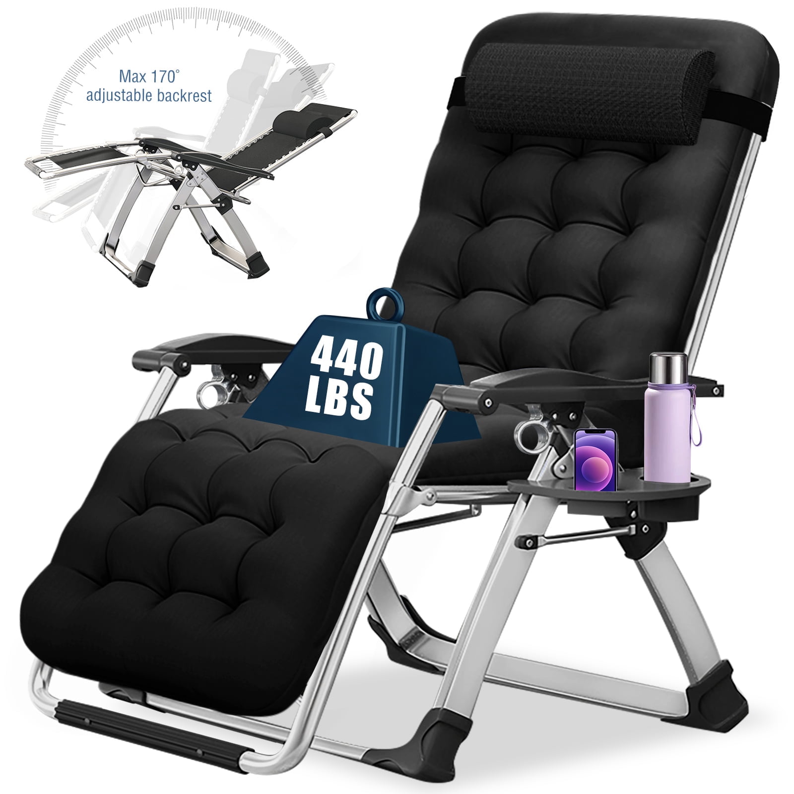 Slsy Outdoor Padded Zero Gravity Lounger, Black, Recliner with Cushion & Cup Holder, Supports 440lbs
