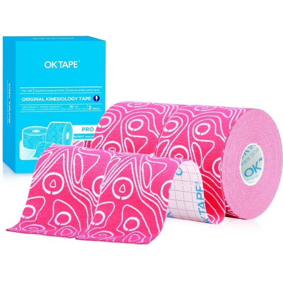 OK TAPE PRO Kinesiology Tape Uncut Roll, Elastic Physical Therapy Athletic Tape for Pain Relief, Muscle Support, Kinetic Tape, Water Resistant, 2in X 16.4ft -Pink 2 Rolls