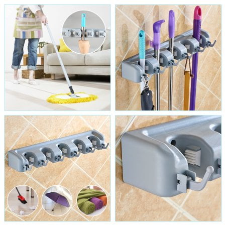 2-in-1 Wall Mounted Mop and' Broom Rack Holder Hanger Organizer with 6 Hooks