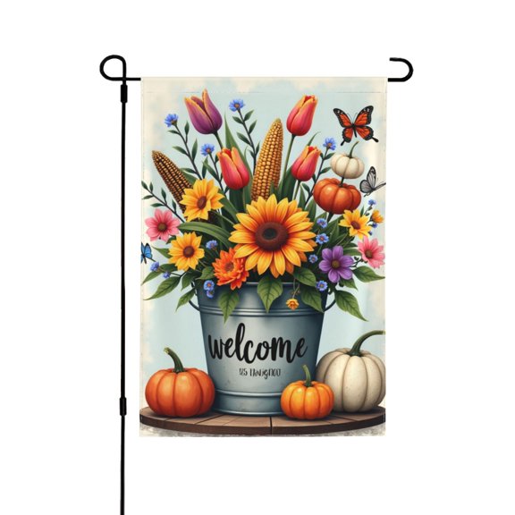 Welcome Garden Flag 12x18 Inch, Fall Harvest Bucket With Sunflowers Tulips Pumpkins Corn Butterflies, DoubleSided Outdoor Yard Flag, Autumn Seasonal Farmhouse Patio Decoration Banner