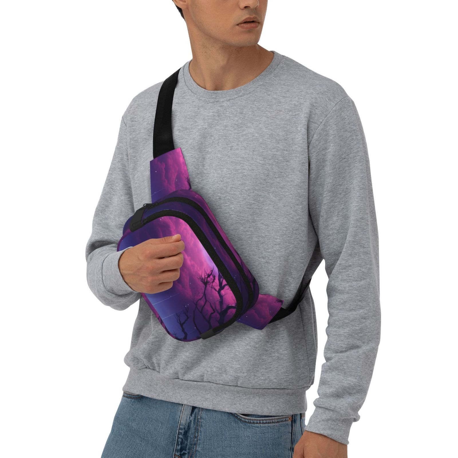 Fuzoiu Purple Moon Tree Night Sky Print Unisex Square Double Layer Waist Bag,Crossbody Fanny Pack Travel Workout Accessory