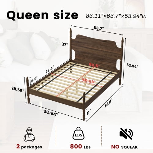 Queen Size Walnut Spindle Platform Bed with Curved Tall Headboard, Retro Four Poster, No Box Spring Needed