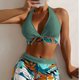 thumbnail image 2 of Traje de baño de 2 piezas para mujer, cintura alta, cuello halter, sin espalda, almohadilla para el pecho, traje de baño, traje de baño, bikini verde oscuro S, 2 of 5