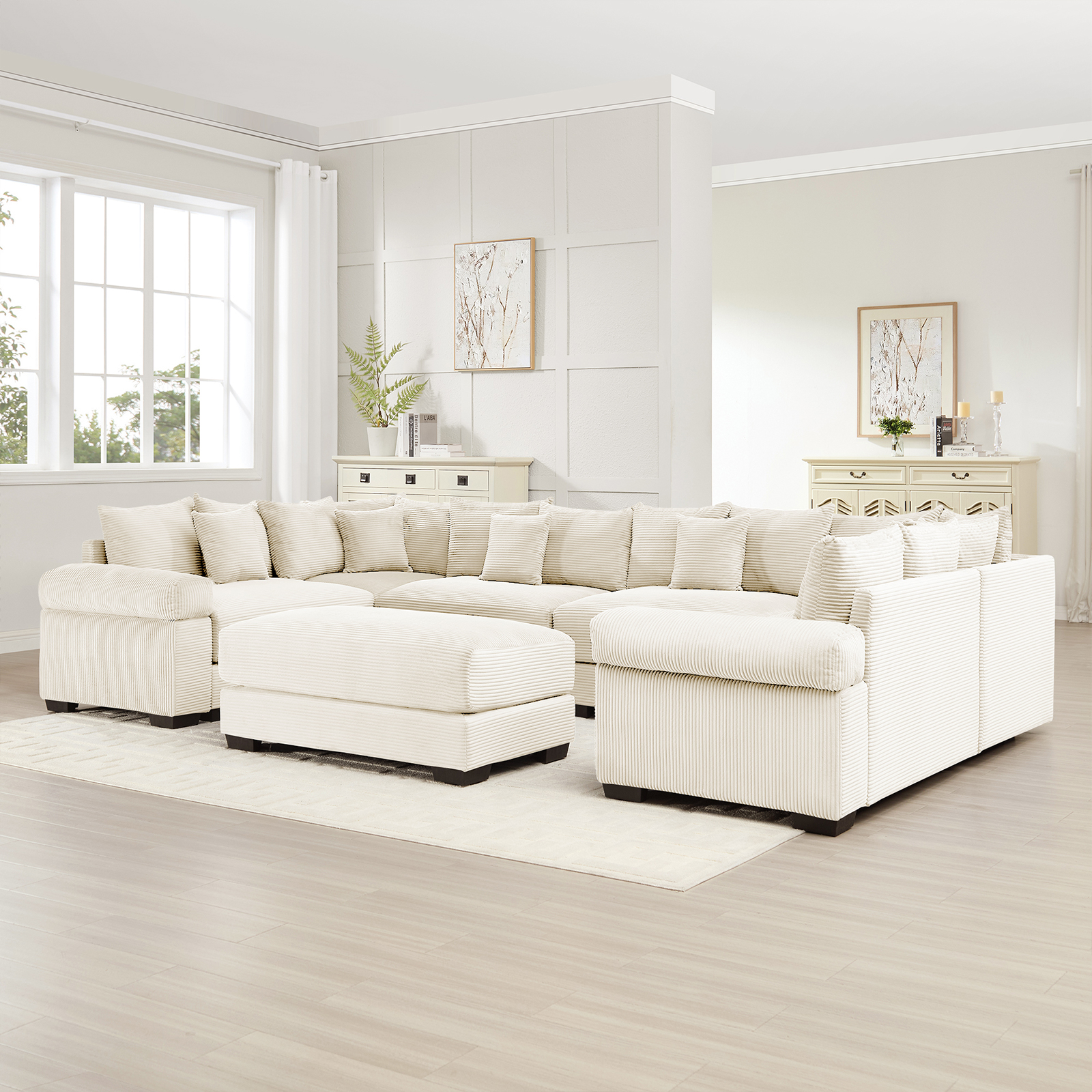 142" Modern Corduroy Sectional Couches for Living Room, Comfortable Corner Couch Sofa, Beige 4 Seater Corner Couch with 1 Ottoman for Flexible Layout, Muebles para la Sala