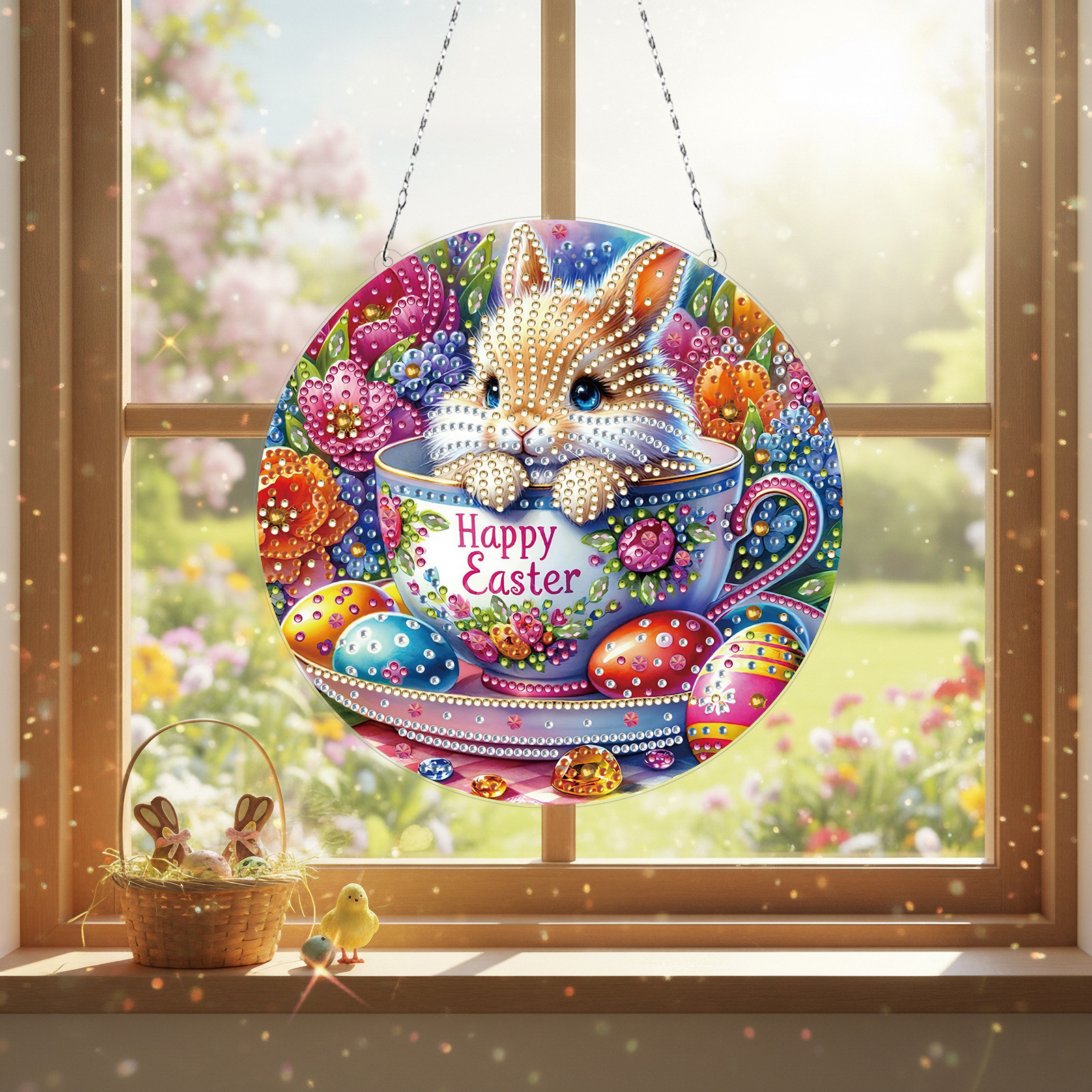 FLOPESN Circular Traditional-Style DIY Diamond Art Painting Pendant Easter Creative Design PET Material Home Decor Pendant