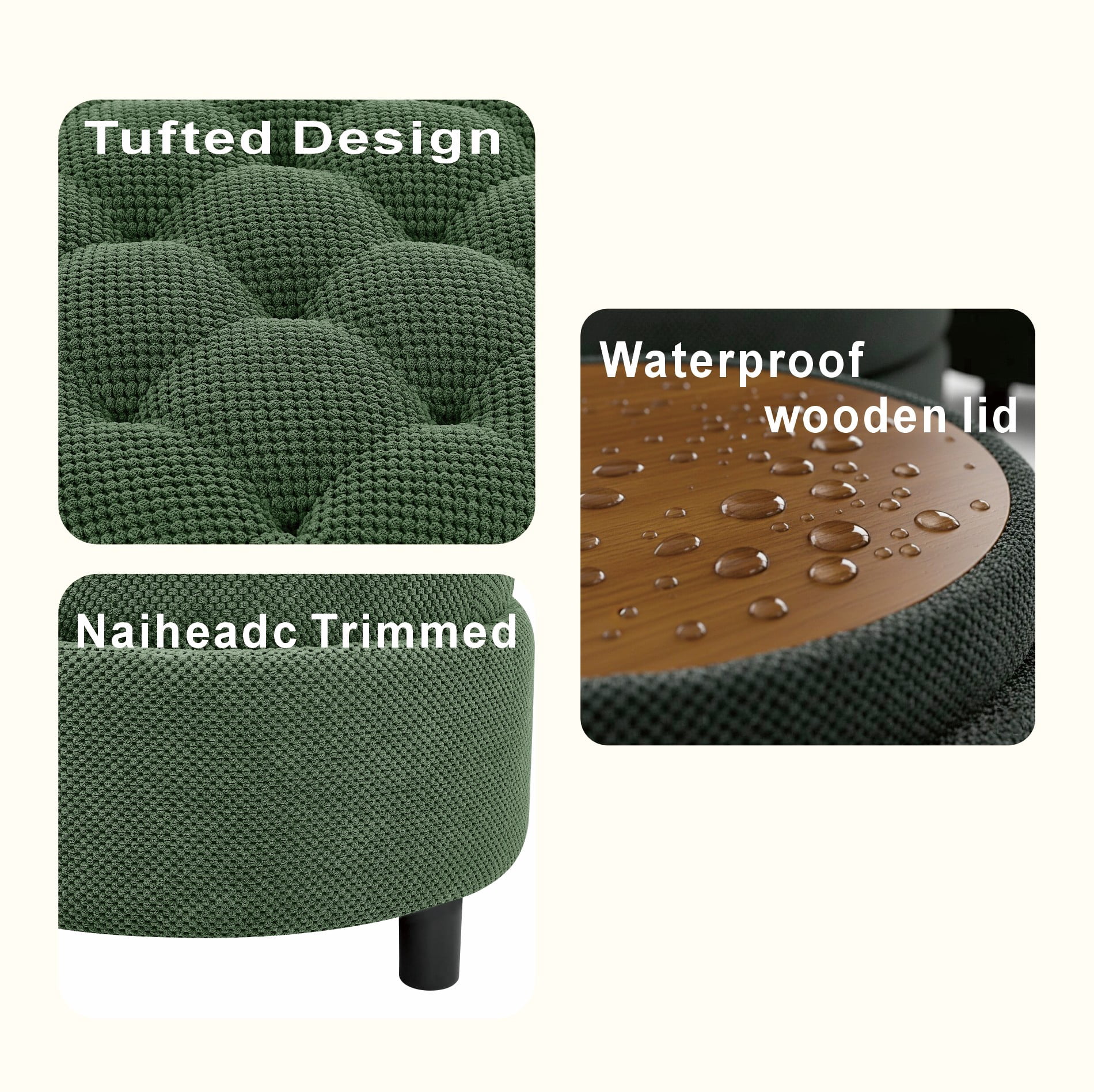 MOONMISS Round Ottoman with Storage and Reversible Tray, Upholstered Fabric Footrest Coffee Table for the Living Room, Bedroom, or Entryway,Green