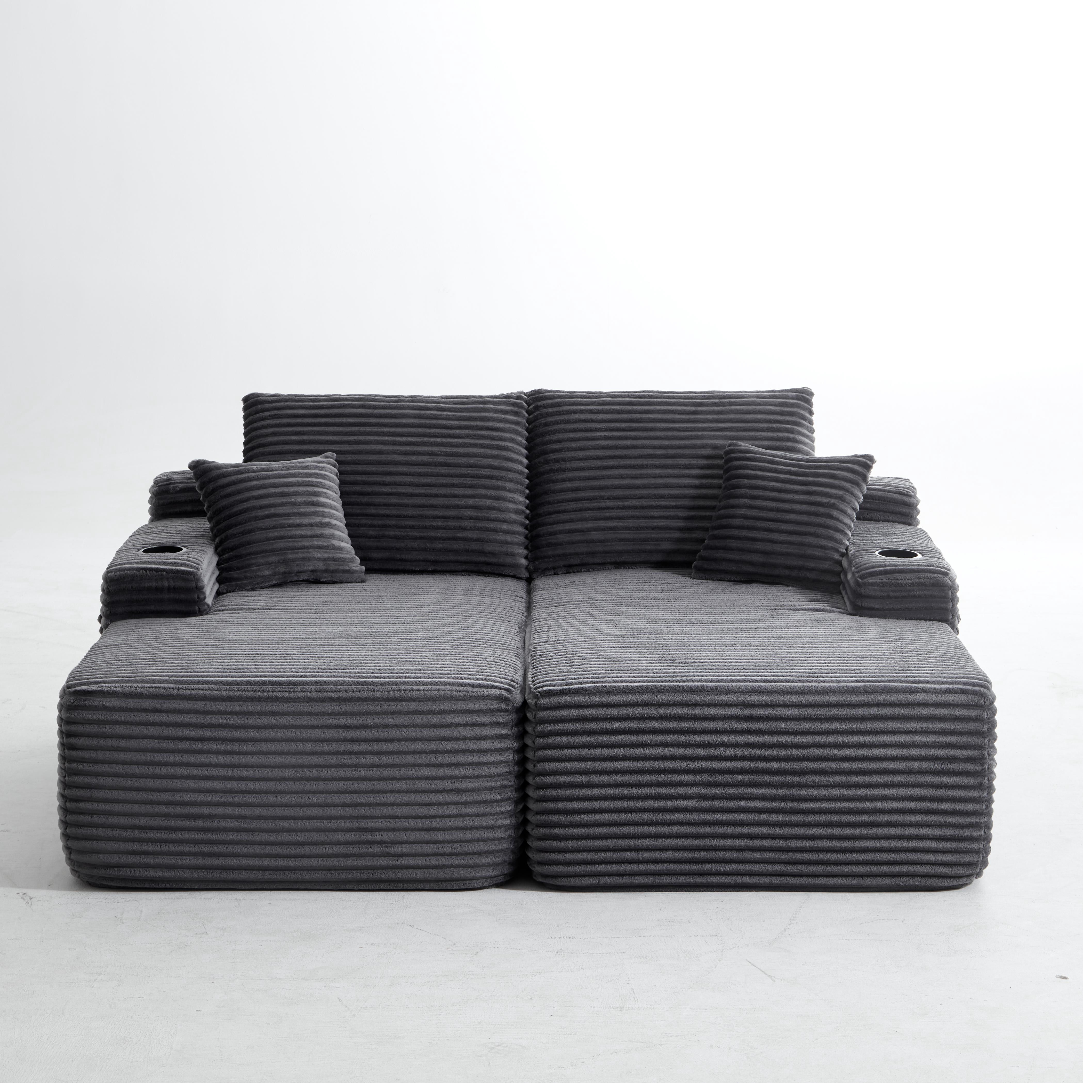 Modular Double Chaise Lounge Chair Indoor, 69" Wide Striped Corduroy Couch Set with Cup Holders & Storage Pockets for Living Room Home Theater, Dark Gray