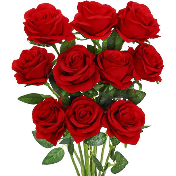 10 Pack Artificial Rose Flower Red Silk Roses with Stem Fake Flowers ...