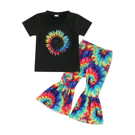 

Suanret Toddler Kids Girls 2Pcs Summer Outfits Short Sleeve Sunflower Print Tops + Tie-Dye Flare Pants Sets Black 3-4 Years