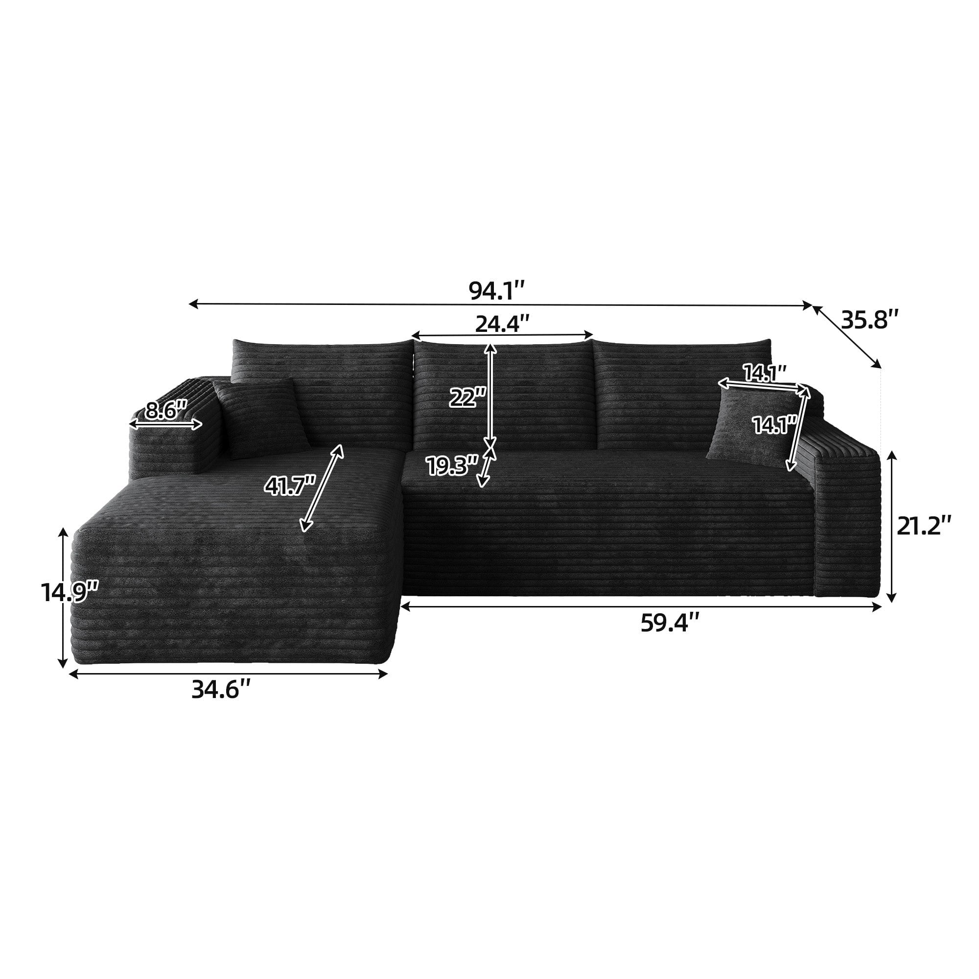 Sailvan 95" Cloud Sectional Sofa - Modern U-Shaped Modular Couch with Deep Seats - Plush Corduroy Fabric - No Assembly Required Black Left