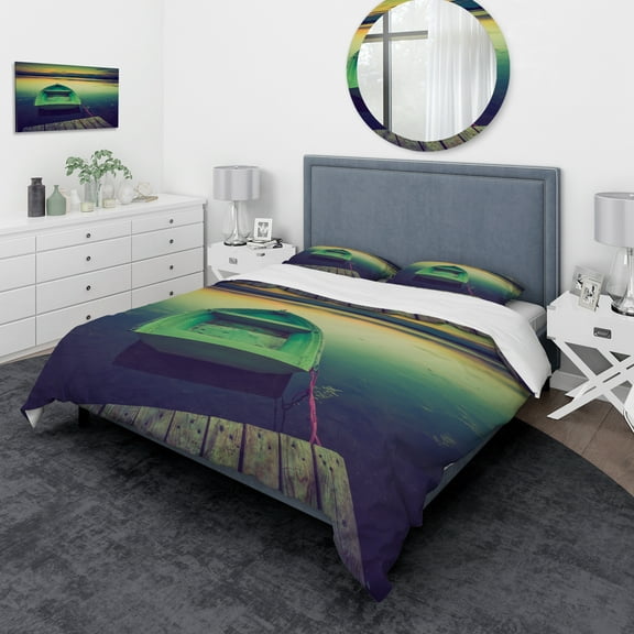 Designart 'Boat and Wooden Pier in Lake' Traditional Duvet Cover Set