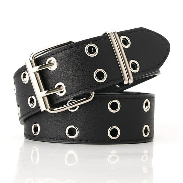 Cinturón Punk De Cuero PU Negro Con Ojales Dobles Y Cadena Desmontable - Unisex, Talla 105x3.8 Cm - Estilo Rock, Para Hombres Y Mujeres